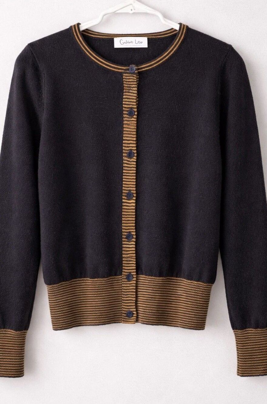 Golden Line 100% Wool Cardigan Black Brown Striped Trim XXS XS Women Button Up - Picture 8 of 16